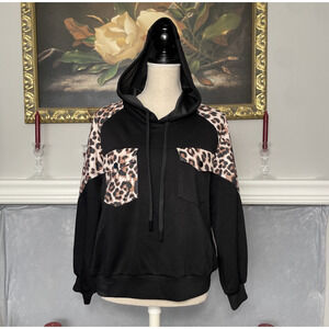 7mango7 Black Hoodie Leopard Animal Print Block Sweater Large